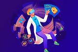 An illustration of a scientist with types of biohacking methods around him on a purple background