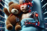 An Ai generated image depicting Artificial Intelligence as a baby in a crib with a Teddy bear.