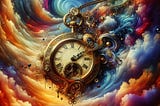 An old-fashioned timepiece on a gold chain floats in the middle of a psychedelic whirl of vivid colour. Projecting the idea of time standing still, the digital art image draws on the work of Dali, Giger, and Klimt