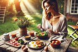 Lovely woman having an outdoor meal on a rustic wooden table. There’s a ladder, (maybe to a treehouse), a tree, the corner of a home and a chair in the background. The table is beautifully set with a Primal meal: eggs, meats, veggies and she is eating a salad. Sunlight streams throught tree branches behind her and there’s a gorgeous vase of flowers to brighten this experience further.