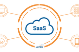 Infographic showing the Software as a Service (SaaS) model, featuring a central cloud labeled ‘SaaS’ connected to icons representing computers, databases, cloud services, and mobile, with the JUTEQ logo, highlighting the interconnected nature of cloud-based software solutions.