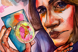 A watercolour image of a woman holding her id/nft.