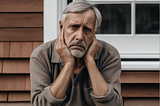 An older man looks sad as he sits in front of a house.