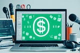 computer screen with a dollar sign on it, surrounded by various tools such as a laptop