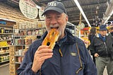 The author enjoying a soft pretzel.