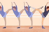 Digital illustration of a ballet class where three dancers are facing one way and the last one is facing the opposite way