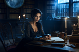 The Muse sits in a dark library. Picture created with Midjourney