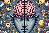 Illustration of a person, their brain exposed, surrounded by different ideas and thoughts