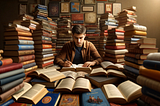 Person sitting at a desk, surrounded by open books covering different subjects like science, history, art, mathematics, and literature, in a cozy room with warm lighting, deeply engaged in learning.