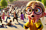 A scared young girl looking at an angry mob