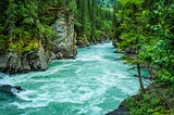 A wide, fast-flowing river in a canyon bordered by trees.