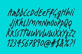 The final handwritten typeface displaying a standard latin alphabet, numerals and some punctuation. The text is in black on a bright blue background.