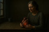 An older woman sits solemnly by a window, holding a glowing human heart in her hands.