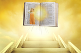 A bible glowing at the top of majestic golden stairs, a woman wearing a romper on its open pages