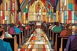 Colorful illustration of a house of worship full of people facing an alter