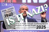 A collage image of RFK Jr with his mouth open, a 1940 article about Jews being made to register, and the 2025 headline about a registry for autistic people. Overlaied: the words IS IT NAZI? and Brandy’s name/logo