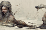 A fantasy selkie. A woman lie in water, her lower half concealed beneath liquid. An odd tails splashes behind her — it’s hers. Her eyes are closed, as if in concentration.