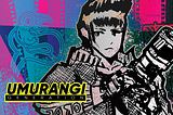 This image is one of the primary cover arts for Umurangi Generation. It depicts the main character holding a DSLR lens against his chest in a cyberpunk, hand-drawn art style. The background is filled with pink and blue film strips and a symbol depicting a bird-like creature. The logo spelling out “Umurangi Generation” is in the bottom-left, where you can barely make out one of the main character’s friends from the game.