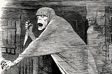 A ghost-like, black and white illustration of Jack the Ripper holding a knife.