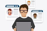 An illustration of a guy with his PC surrounded with an imaginative picture of user profiles.