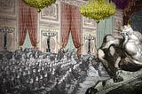 A gigantic king, crowned and naked, sits on a lavishly curtained stage in a 19th century ballroom, before many ranked men and women dressed as gentry.