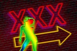 A neon sign to an XXX club with a woman dancing
