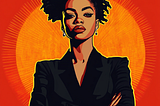 Graphic image of a young African American woman in business attire, arms folded, looking defiantly into the camera