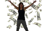 Bara, a person with long curly hair, stands in sweat pants and a tank top with a huge grin on her face and her arms outsretched. $100 bills appear to be raining down around Bara.