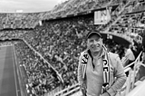 David Swift, UK English Author, stood on the bleachers of Mestalla Football (soccer) Stadium, Valencia, Spain