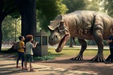 Dinosaur shown in Mixed Reality viewed by kids. (Rosenberg / Midjourney)