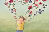 A boy raises his arms in the air and an explosion of flowers in the form of a heart is above him.