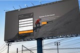 Billboard showcasing a landing page on it. Background has a man climbing up a mountain. Foreground is a form field and text that says “Register to our course” as its main headline.