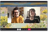 The author and Joana have fun in a work video call, both are smiling and making funny faces.