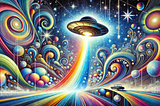 An intricate and vibrant illustration of a UFO hovering in a dark night sky, surrounded by a surreal explosion of colorful abstract shapes and patterns. The design features dynamic swirling forms, bright hues, and detailed organic elements, evoking a sense of wonder, mystery, and energy.
