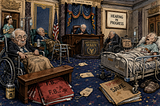 Inside the United States Senate chamber resembling the inside of a nursing home. Complete with wheelchairs, hospital beds, and walkers. Toe tags laying on the floor. A non-descript bottle labeled “POLONIUM” is under a wheelchair. RED File folders with smudged labels that say “F.B..” are underneath a desk. A TOP SECRET folder labeled “SAVE” lies underneath a hospital bed. A sign on the wall says “HEARING IN PROGRESS.”