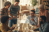 A group of people round a table with an ethereal figure in the middle of the table