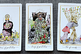 3 Tarot cards laid out from left to right: Four  of Pentacles, King of Pentacles, Ten of Wands. The illustrations are based on traditional Tarot card design, but recreated in watercolor.