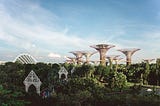 A colour photo of Gardens by the Bay in Singapore. Tall pink garden structures with green gardens below.