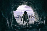 Caveman looking out of his cave at the big city on the horizon