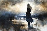 A solitary woman in a dark dress stands on a windswept shore, looking out over a stormy sea. The sky is filled with dramatic clouds, creating a somber and reflective atmosphere.