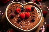 A heart-shaped bowl of chocolate mousse topped with strawberries, raspberries, and bits of coconut