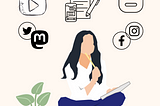 Girl sitting with a notepad. Above her float the icons of many major social media platforms.