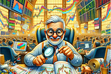 Here’s a whimsical, colorful cartoon character, a trader, examining stock market trends with a magnifying glass at a cluttered desk, set in a vibrant stock market environment.