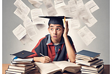 A teenager confused about achieving high academic grades while studying hard amidst a pile of books and sheets of classwork notes