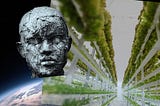 A combined picture with earth seen from space, a vertical garden, and a sculpture of a man’s head representing humanity