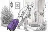 Older woman lugging purple rolling backpack towards a door