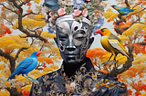 A colorful collage of a being surrounded by nature and birds