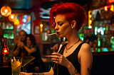 Pretty red-haired female with punk hairstyle with a lit cigarette in her mouth and cocktail on the bar in front of her. Bar atmosphere with bottles, lights and people in the background.