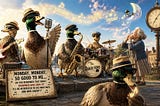 A whimsical duck band performs beneath a town clock while an elderly woman whistles glowing musical notes that carry the days of the week across the sky. One duck in sunglasses secretly pockets a shining final note as the crowd applauds.