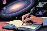 Illustration of a hand writing in an open notebook. Behind it, a large cosmic background with stars and galaxies that appear distant and indifferent. The scene contrasts the focused writer with a vast, unbothered universe.